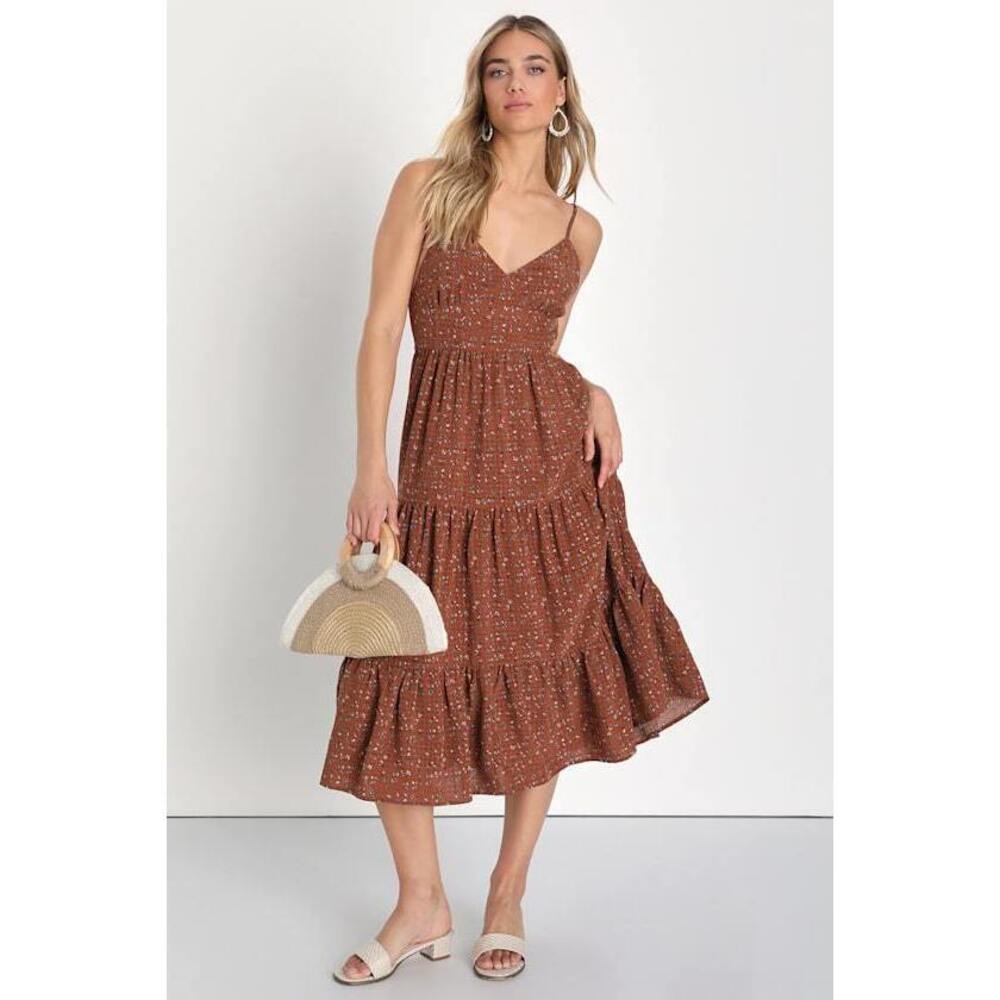 Lulus Essentially Adorable Brown Floral Print Tiered Midi Dress - Size S